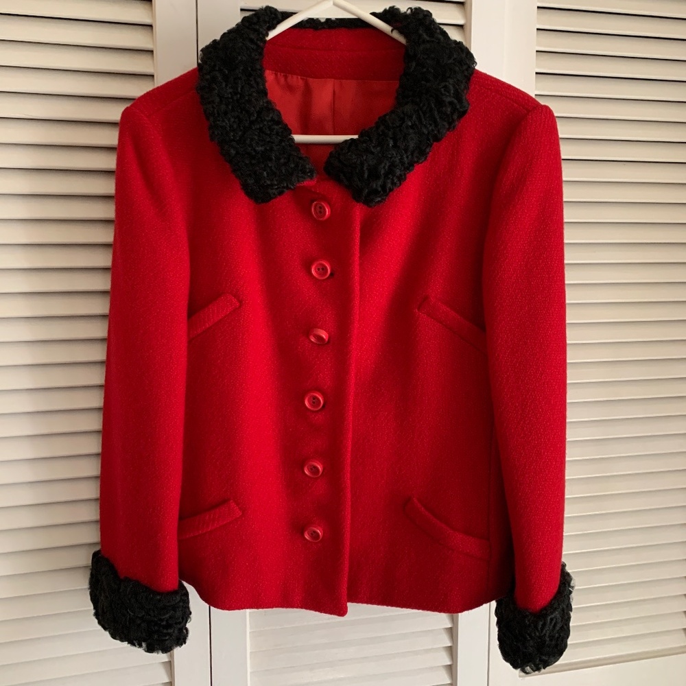 Vintage 1960s Jack Feit NY Red Wool Jacket Coat Persian Lamb Cuffs Collar